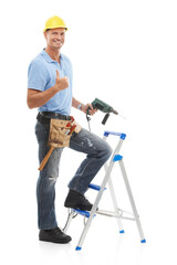 Wall Mural - Thumbs up, portrait and repairman in a studio with a drill, tool belt and ladder for maintenance. Happy, smile and male industry worker or handyman with tools for repairs isolated by white background