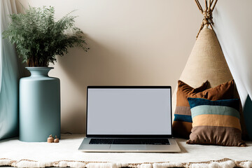 Sticker - Blank laptop screen on a table with bohemian accents. Interior design template in a minimalistic boho style with mockup copy space. Generative AI