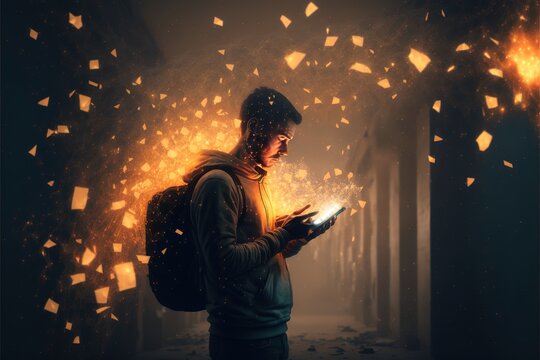 A man standing in a dark room with a book in his hands and a lot of yellow paper flying around him digital art futurism ultra realistic digital art