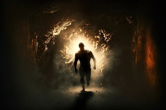 A man walking through a tunnel of smoke and light in a dark room with a light coming from the end concept art figuration libre dim volumetric lighting