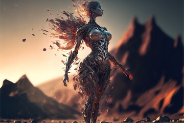 Poster - A woman in a futuristic suit with a fire on her body and arms standing in a desert landscape with mountains in the background cyberpunk art fantasy art biomechanical
