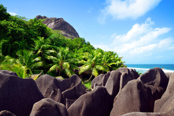 Wall Mural - Tropical landscape near Anse Source d'Argent beach. La Digue island, Indian Ocean, Seychelles.