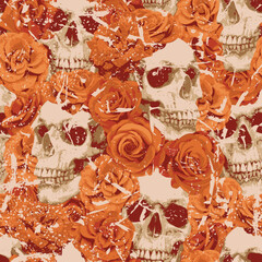 Wall Mural - Seamless pattern with human skulls and red roses. Vector background with sinister smiling skulls. Graphic print for clothes, fabric, wallpaper, wrapping paper