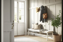 Scandinavian Hallway In White And Beige Tones. Wooden Bench And Coat Rack. Glass, Wallpaper And Entrance Door, Farmhouse Interior Design, 3d Illustration. Generative AI