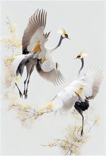 Beautiful Spring Landscapes, Amazing Nature, Fog, A Pair Of Beautiful White Cranes. AI Generated Art Illustration.