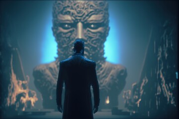 Poster - a man standing in front of a giant statue in a dark room with a blue light coming from behind him a 