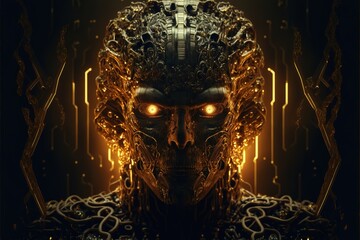 A digital artwork of a robot with glowing eyes and a head with gears on it's face and a chain around his neck cyberpunk art computer art biomechanical