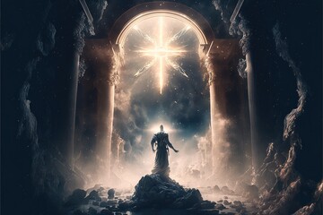 A man standing in a doorway with a cross above him and a light shining through the doorway to the sky poster art renaissance key art