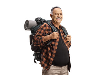 Poster - Smiling mature man with a backpack standing and smiling