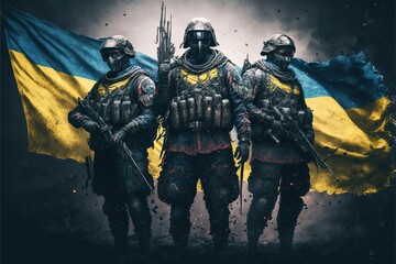 Poster - Three soldiers standing in front of a flag with a gun in their hands and a gun in their other hand a detailed painting nuclear art 4 k hd wallpaper