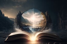 An Open Book With A Picture Of A Castle In The Middle Of It And A River Running Through It With A Light Coming From The Middle Of The Book A Detailed Matte Painting Fantasy Art Fantasy Artwork