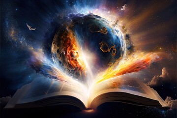 Poster - An open book with a picture of a planet in the middle of it and a bird flying over it in the sky a storybook illustration magical realism fantasy magic