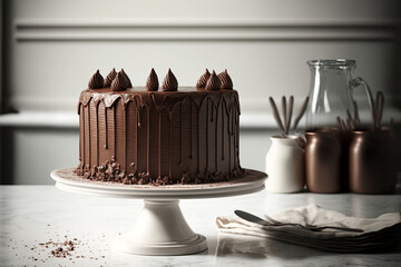 Chocolate cake on a stand on a white table on a kitchen background. Generative AI