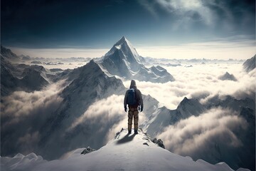 Poster - A man standing on top of a snow covered mountain with a backpack on his back and a sky background with clouds a detailed matte painting art photography sense of awe