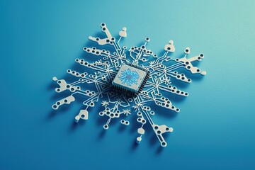 Wall Mural - Snowflake made of microchip on blue background, concept of technology and cooling, created with Generative AI technology