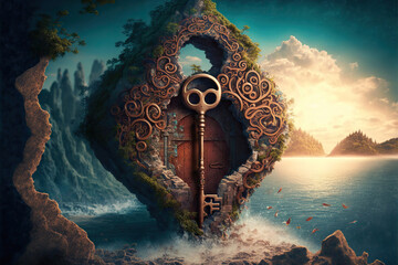 Wall Mural - Magical key and door in a fantasy landscape, Generative AI