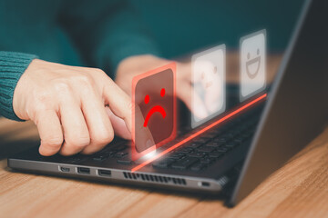 Poster - Unhappy man customer with sad emotion face on laptop. Bad review, service dislike poor quality, assessment low rating, social media not good. Customer experience dissatisfied and testimonial concept.