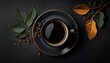Cup of fresh coffee on vintage black table top view