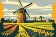 Dutch windmill overlooking a field of vibrant yellow tulips, Holland. Generative AI