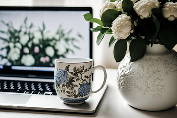 Sticker - a computer, a cup of tea, a laptop, and a phone. Home décor, a lovely pot with fresh flowers on the table. Generative AI