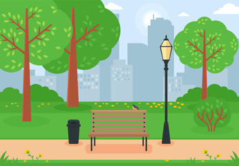 Wall Mural - spring city park panorama vector illustration, City park with green trees
