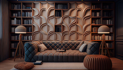 Sticker - modern living room with a library