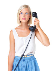 Wall Mural - Woman, telephone call and surprise in portrait, shocked facial expression with communication isolated on white background. Wow, retro technology and young female with omg face, vintage and connection