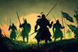 With the sun setting, an epic reenactment of a medieval combat. Metal armored soldiers engaged in historical, cinematic recreations of the Dark Ages combat with the opponent. Large armies engaged in b