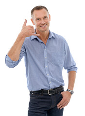 Wall Mural - Portrait, call me hands and business man in studio isolated on a white background. Boss, ceo and happy male entrepreneur with cool hand gesture for shaka sign, symbol or emoji for communication.