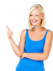 Canvas Print - Happy woman, portrait smile and thumbs up for good job, deal or well done isolated against a white studio background. Blond female standing and showing thumbsup hand gesture with wink for agreement