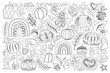 Big Collection of Autumn Plants, Pumpkins Designs. Rainbows, Apple, Pear, Acorns, Lot of Leaves and Deco Elements. Elegant Natural Motifs. Coloring Book Page. Vector Illustration