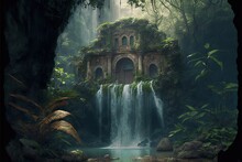 The Secret Garden Hidden Waterfall In The Amazon, Concept Of Tropical Rainforest And Nature's Beauty, Created With Generative AI Technology