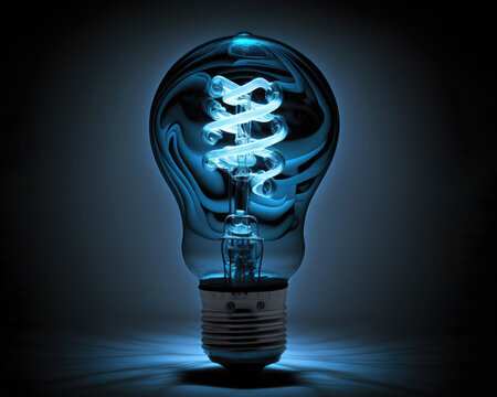  Large luminous LED filament Electric lamp in dark blue tone on a black background.close-up.Incandescent lamps. Abstract.  Generative AI