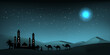 Ramadan desert background with mosque and silhouette of camels caravan. 