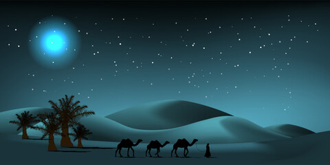 Ramadan desert background with mosque and silhouette of camels caravan. 