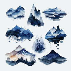 Poster - Abstract Arrangements. Landscapes, mountains. Decorative elements template. Flat cartoon illustration isolated on white background
