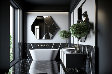 Sticker - Interior of a bathroom in black marble and white wood with a tiled floor, an angular tub and sink, and two mirrors. a mockup. Generative AI