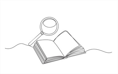 Wall Mural - Magnifier hand drawn by one continuous line art drawing vector illustration minimalist design isolated on white background. A magnifying glass above an open book. Zoom in and discovery concept.