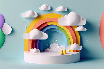 Wall Mural - Paper art style sky with a rainbow and a cloud, minimal background mockup, pedestal for product display. Generative AI