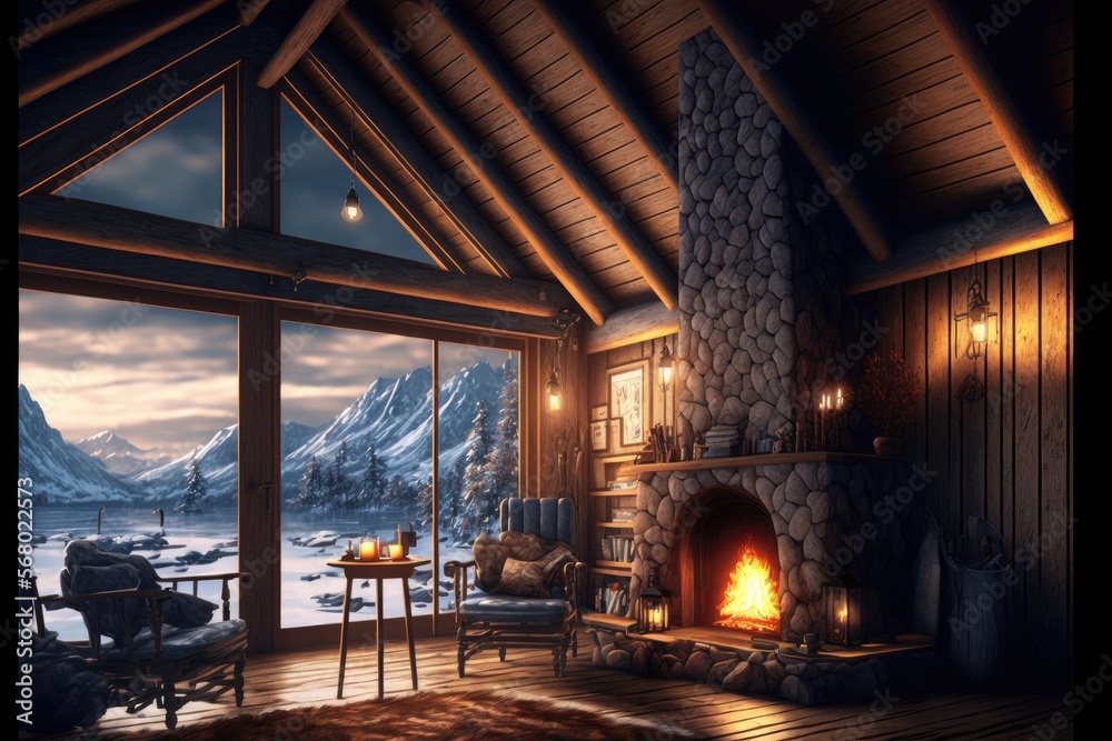 interior shot in winter, luxury cabin in the woods with fireplace and ...