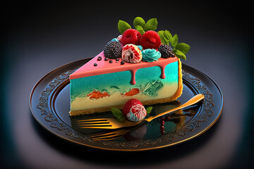 delicious piece of cheesecake on a plate with bright colors,strawberries and blueberry cake