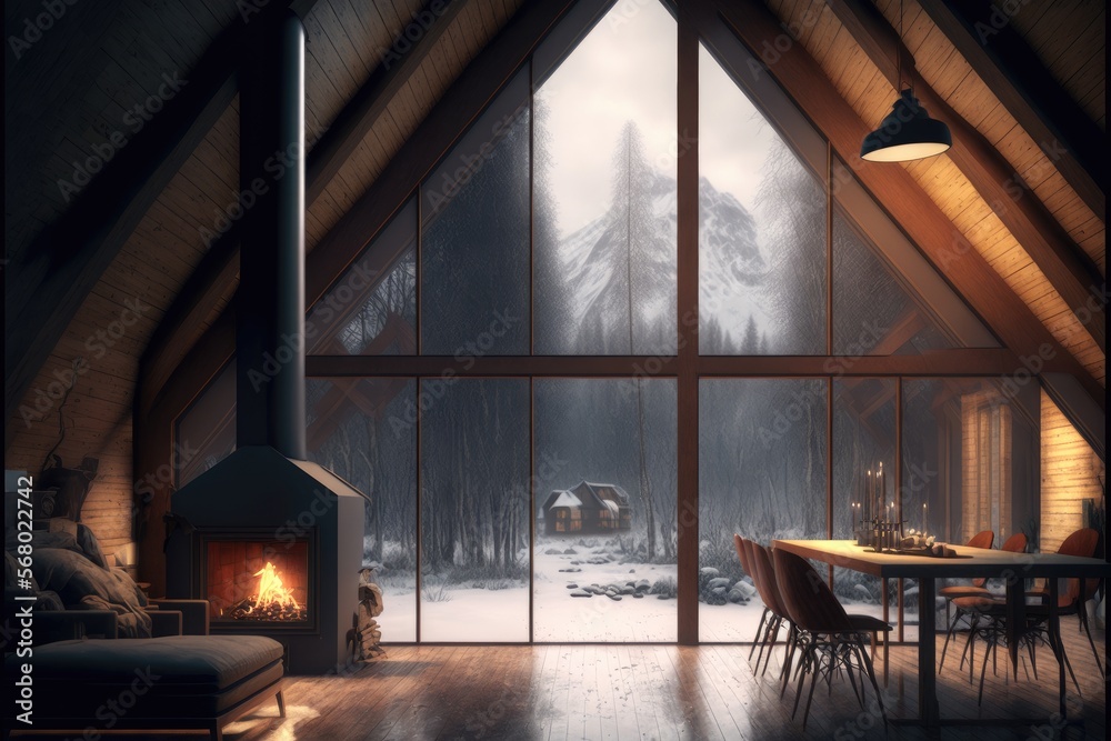 interior shot in winter, luxury cabin in the woods with fireplace and ...