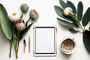 Poster - Blogger or independent contractor workspace with white background, blank tablet screen, protea flower, notepad, watches, and feminine accessories. Top view of a home office desk with minimal dcor