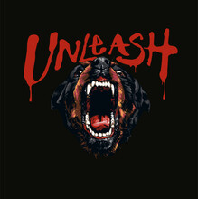 Unleash Bloody Slogan With Angry Dog Barking Vector Illustration On Black Background