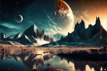 alien planet sci-fi outer space encounter wallpaper generative ai illustration with copy space
