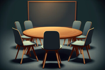 Poster - Round wooden table with chairs with blank big blackboard in conference room. Generative AI