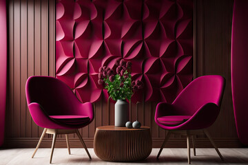 Viva magenta is a trend color year 2023 in the luxury living lounge. Wooden veneer wall for art crimson red burgundy colour chairs. Modern room design interior home. Accent carmine. Generative AI