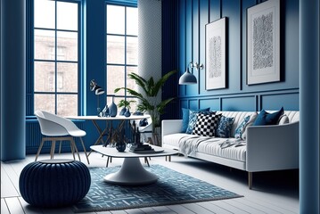 Modern interior of blue living room created with Generative AI technology	
