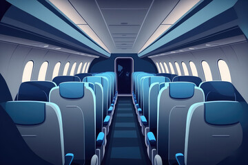 Wall Mural - Empty interior of modern airplane Boeing 737 8 Max with blue seats and no passangers. Generative AI