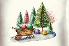 Christmas Card In Watercolor With A Present, A Sled, Fir Trees, And Christmas Balls. On A White Backdrop, An Illustration For Postcards, Invitations, And Greetings Is Shown. Generative AI